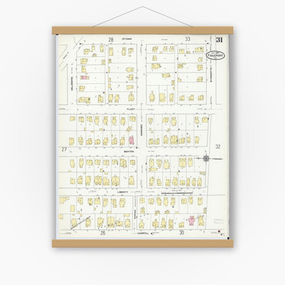 Old map wall art mockup — magnetic wood frame on white wall — Sanborn Fire Insurance Map from Freeport, Stephenson County, Illinois (1910), Sheet #0031