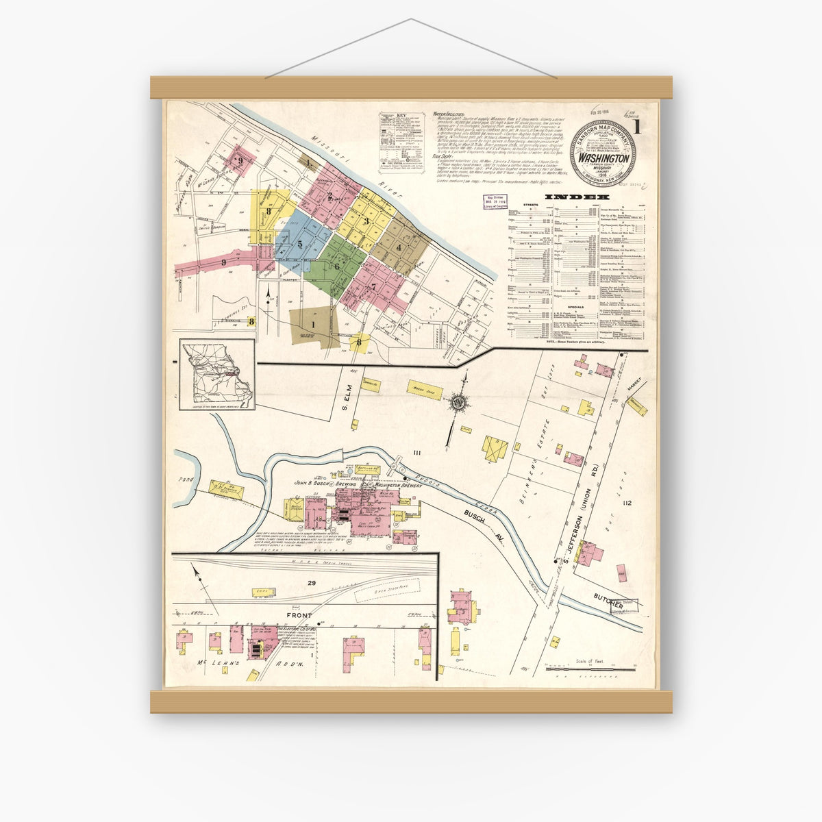 Old map wall art mockup — magnetic wood frame on white wall — Sanborn Fire Insurance Map from Washington, Franklin County, Missouri (1916), Sheet #0001