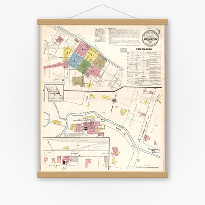 Old map wall art mockup — magnetic wood frame on white wall — Sanborn Fire Insurance Map from Washington, Franklin County, Missouri (1916), Sheet #0001