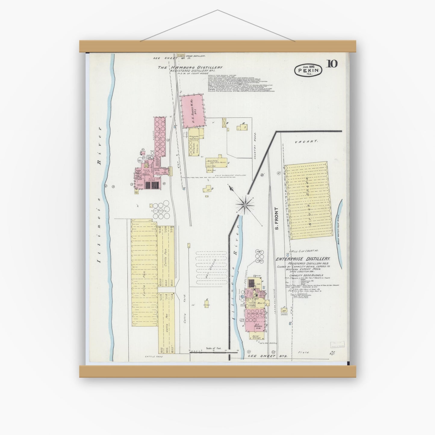 Old map wall art mockup — magnetic wood frame on white wall — Sanborn Fire Insurance Map from Pekin, Tazewell County, Illinois (1892), Sheet #0010