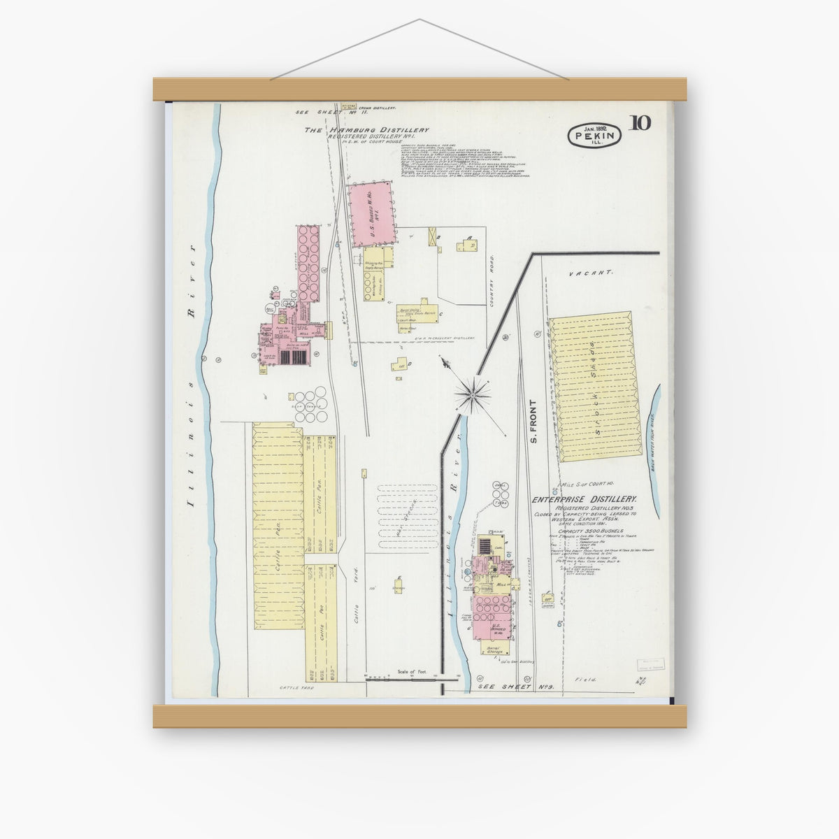 Old map wall art mockup — magnetic wood frame on white wall — Sanborn Fire Insurance Map from Pekin, Tazewell County, Illinois (1892), Sheet #0010