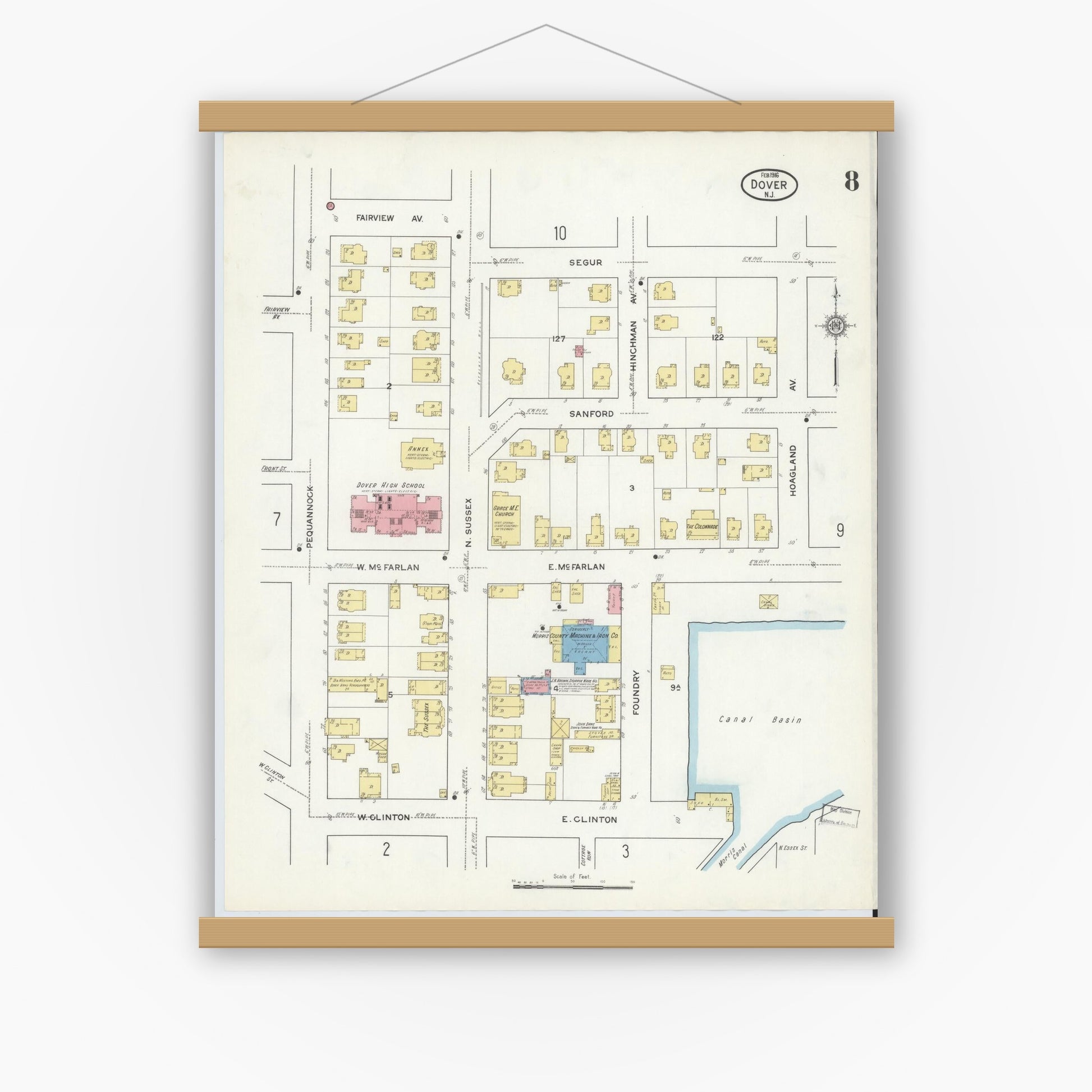 Old map wall art mockup — magnetic wood frame on white wall — Sanborn Fire Insurance Map from Dover, Morris County, New Jersey (1916), Sheet #0008