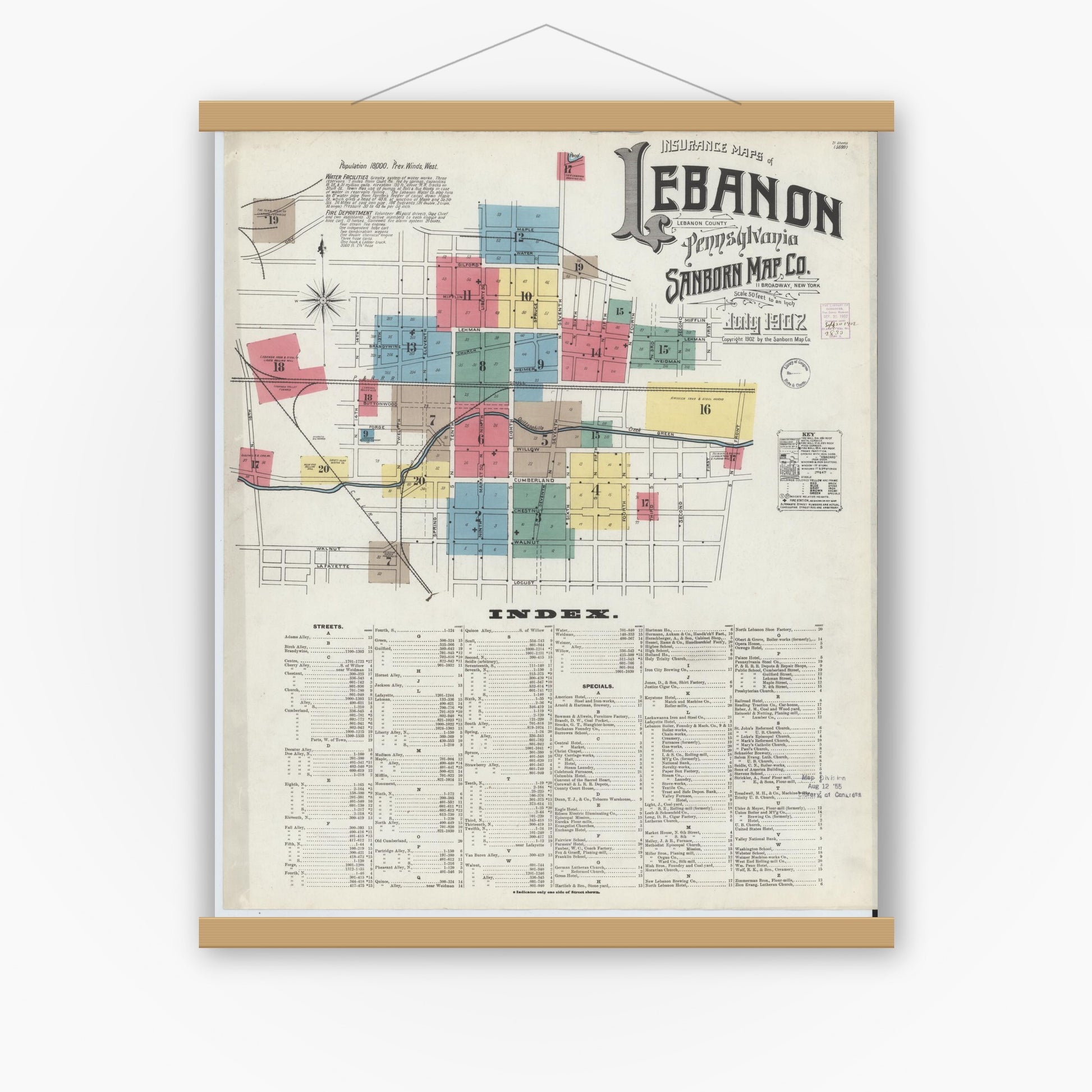Old map wall art mockup — magnetic wood frame on white wall — Sanborn Fire Insurance Map from Lebanon, Lebanon County, Pennsylvania (1902), Sheet #0001