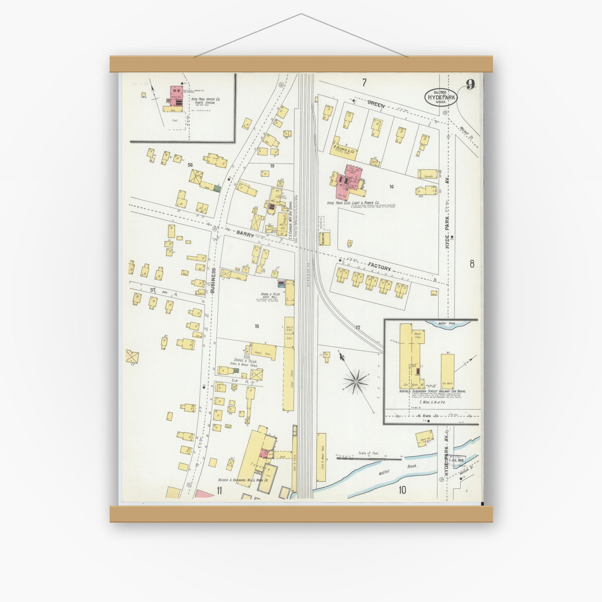 Old map wall art mockup — magnetic wood frame on white wall — Sanborn Fire Insurance Map from Hyde Park, Norfolk County, Massachusetts (1900), Sheet #0009