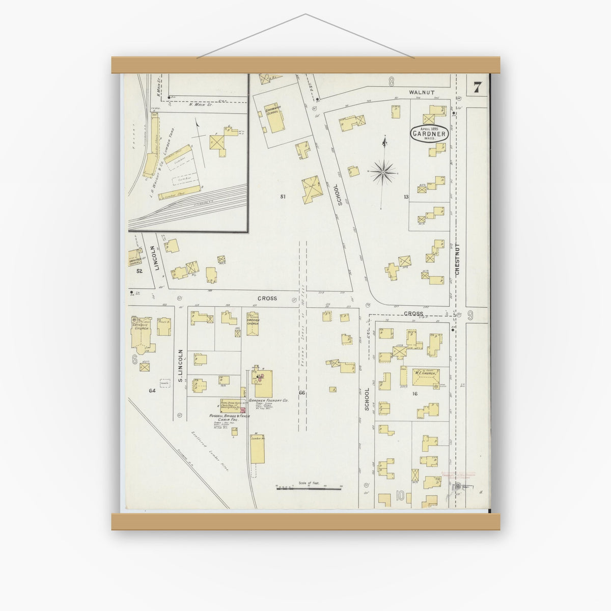 Old map wall art mockup — magnetic wood frame on white wall — Sanborn Fire Insurance Map from Gardner, Worcester County, Massachusetts (1895), Sheet #0007