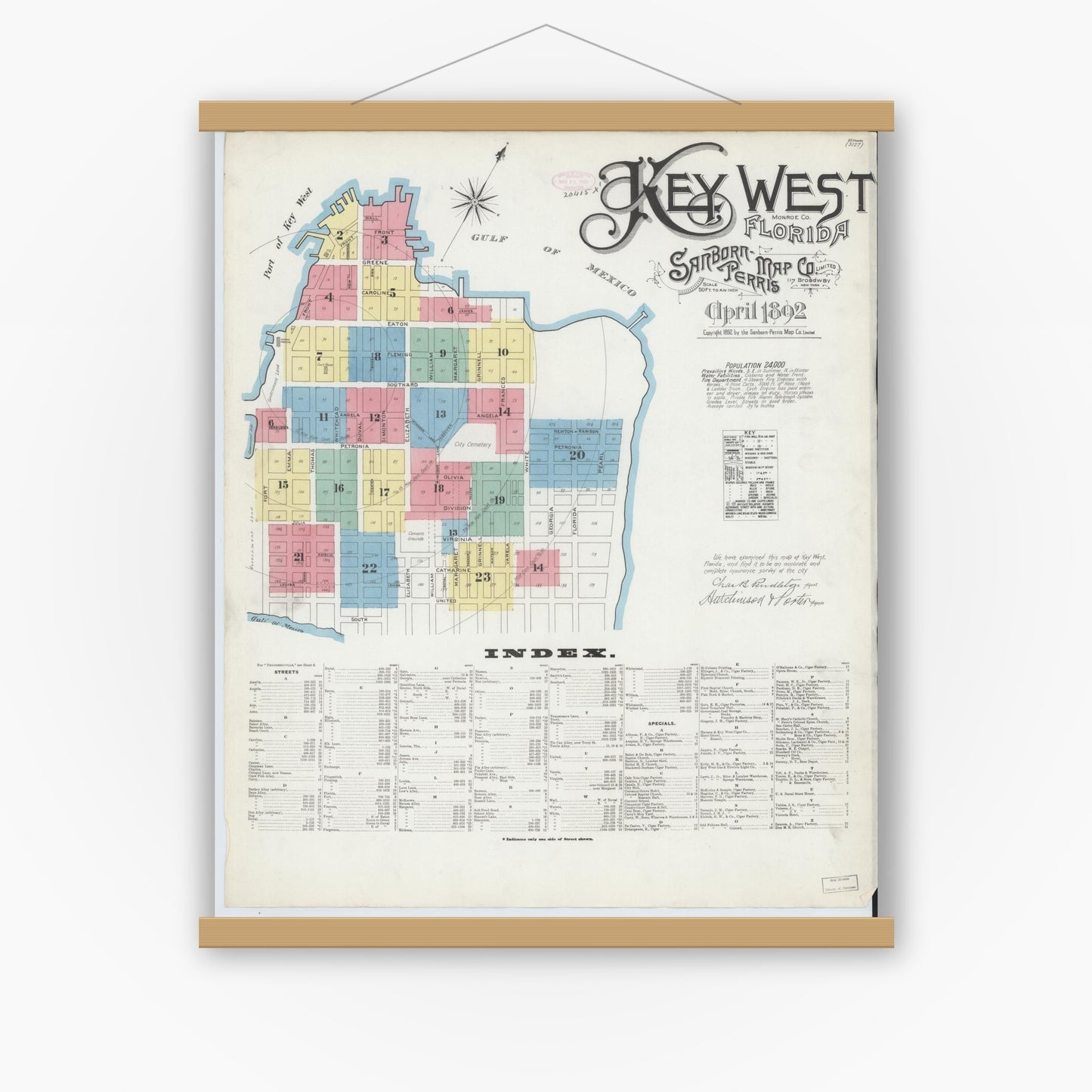 Old map wall art mockup — magnetic wood frame on white wall — Sanborn Fire Insurance Map from Key West, Monroe County, Florida (1892) - Complete Map Set