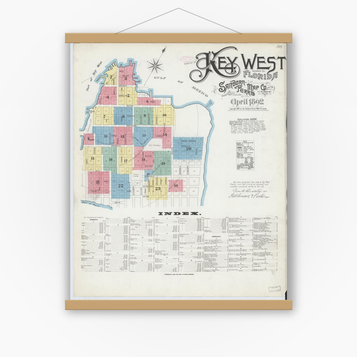 Old map wall art mockup — magnetic wood frame on white wall — Sanborn Fire Insurance Map from Key West, Monroe County, Florida (1892) - Complete Map Set