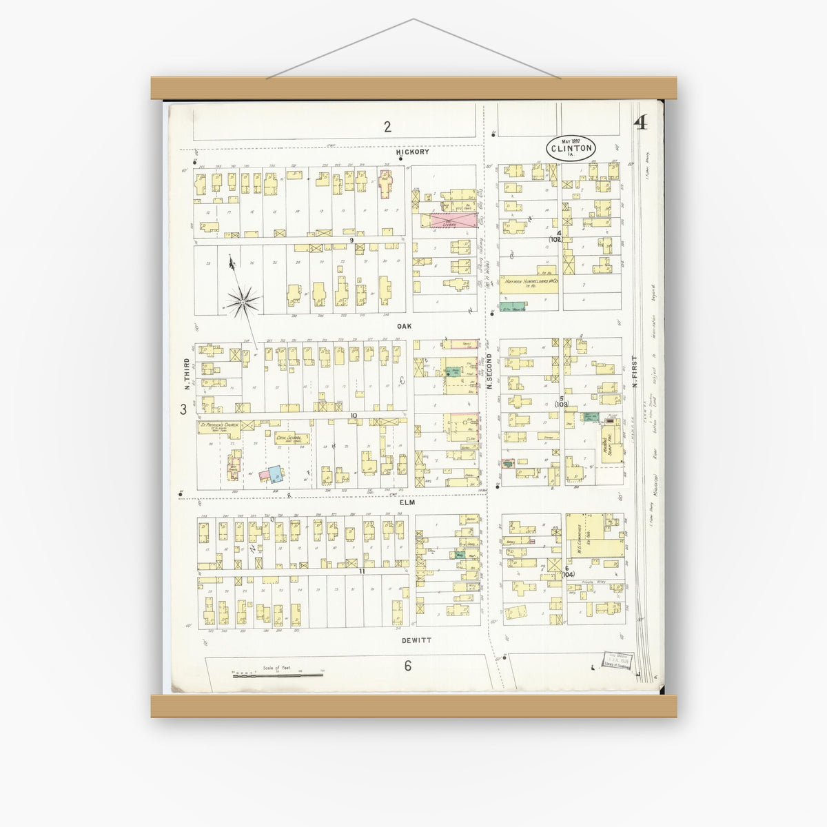 Old map wall art mockup — magnetic wood frame on white wall — Sanborn Fire Insurance Map from Clinton, Clinton County, Iowa (1897), Sheet #0004