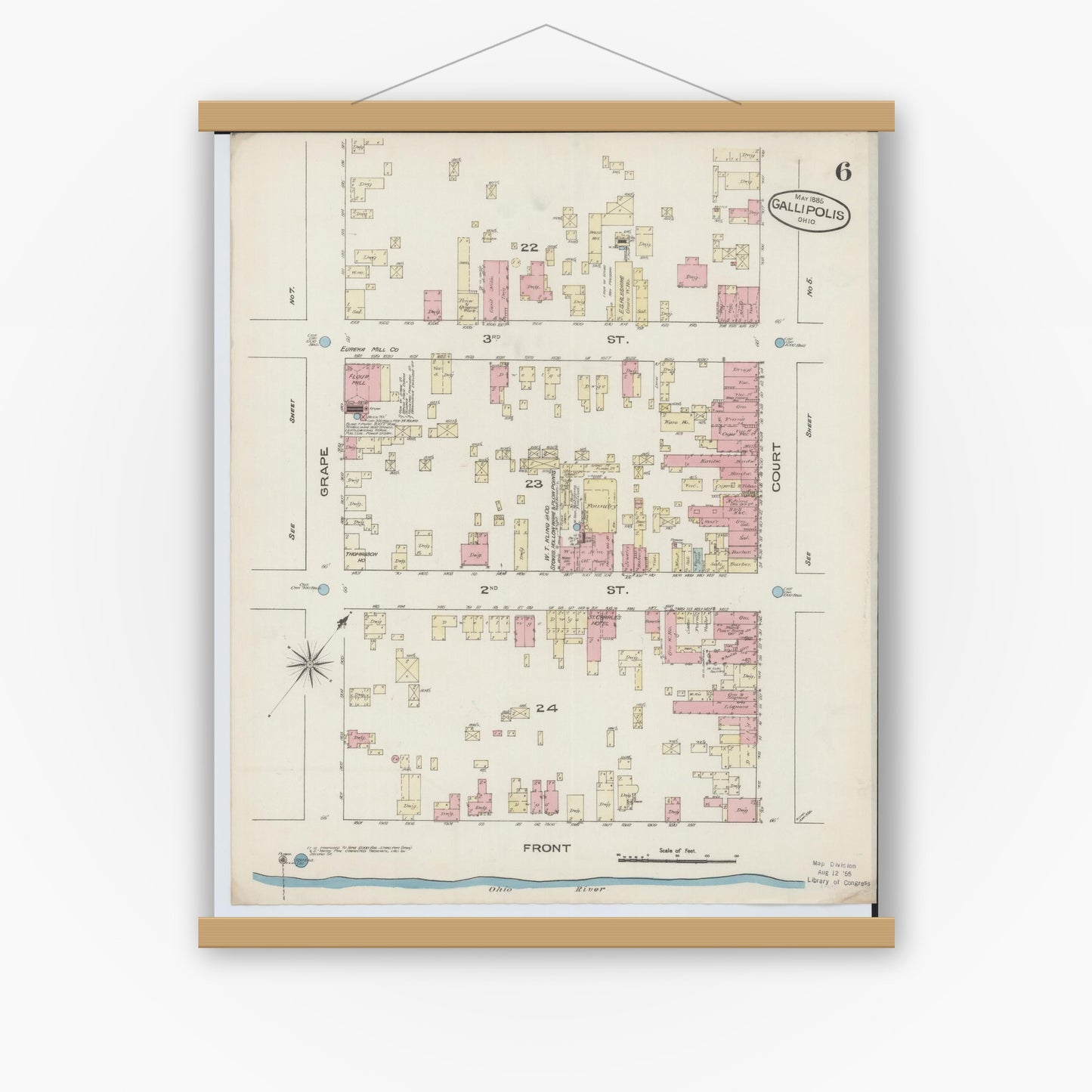 Old map wall art mockup — magnetic wood frame on white wall — Sanborn Fire Insurance Map from Gallipolis, Gallia County, Ohio (1885), Sheet #0006