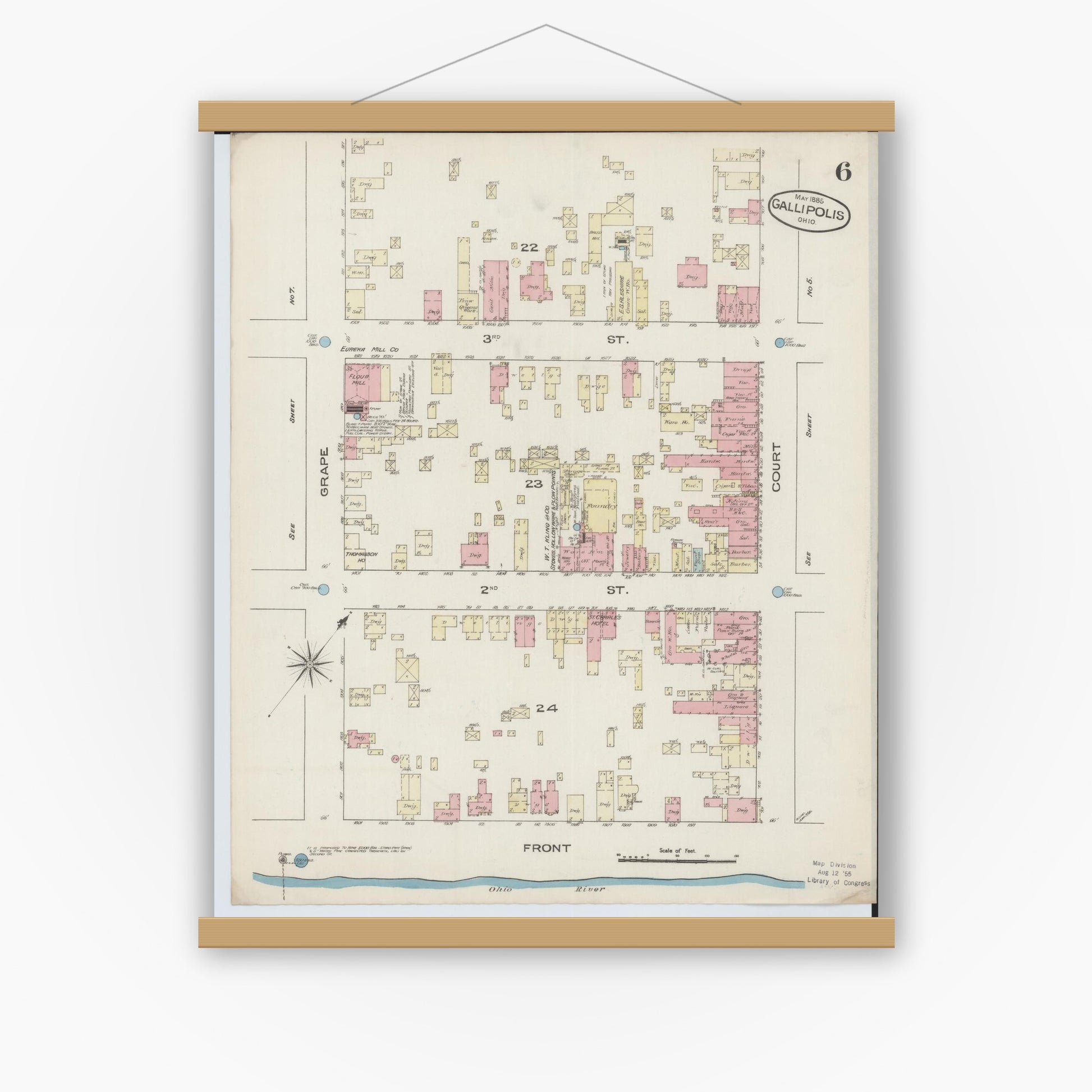Old map wall art mockup — magnetic wood frame on white wall — Sanborn Fire Insurance Map from Gallipolis, Gallia County, Ohio (1885), Sheet #0006