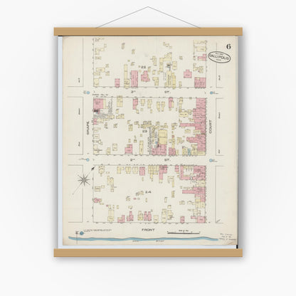 Old map wall art mockup — magnetic wood frame on white wall — Sanborn Fire Insurance Map from Gallipolis, Gallia County, Ohio (1885), Sheet #0006