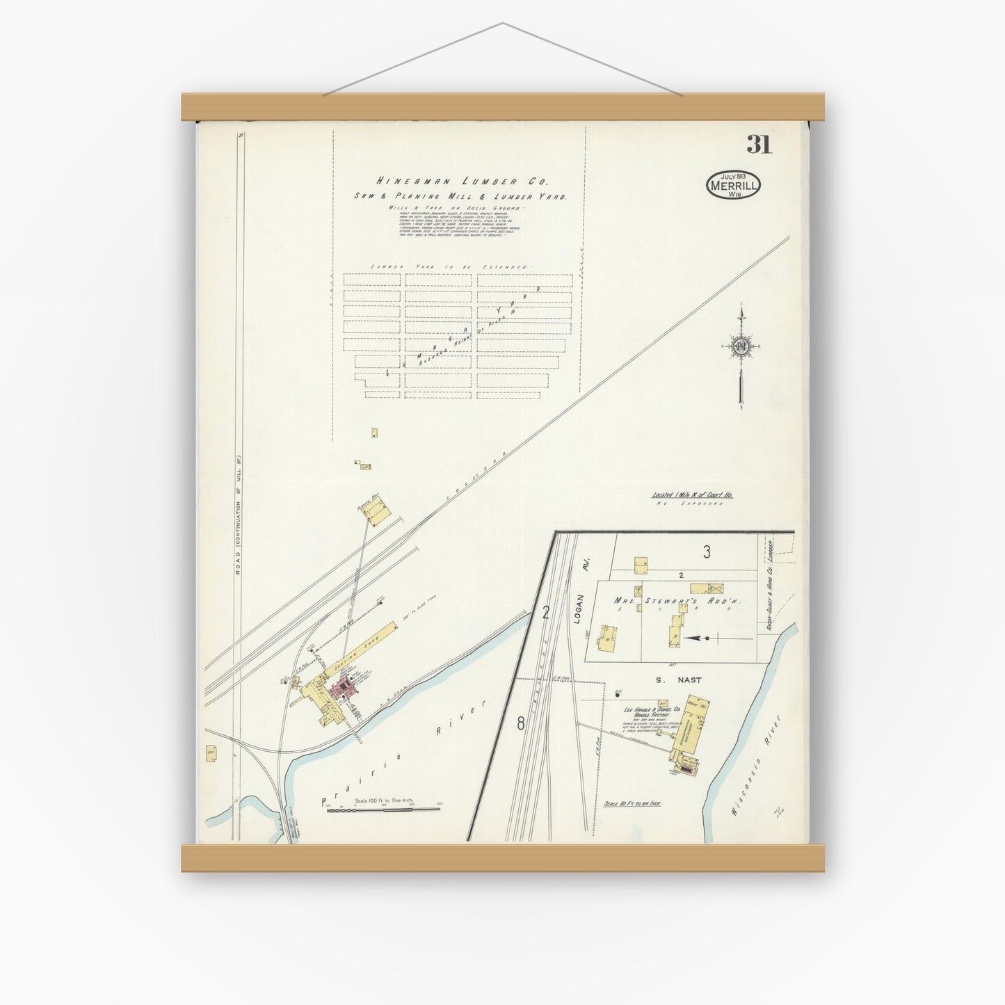 Old map wall art mockup — magnetic wood frame on white wall — Sanborn Fire Insurance Map from Merrill, Lincoln County, Wisconsin (1913), Sheet #0031