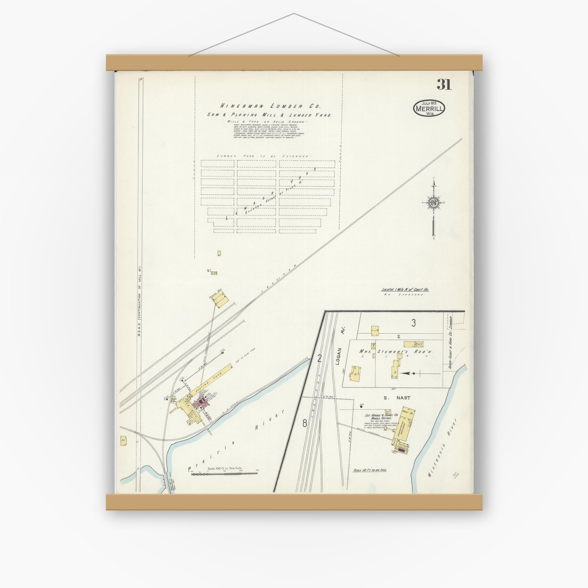 Old map wall art mockup — magnetic wood frame on white wall — Sanborn Fire Insurance Map from Merrill, Lincoln County, Wisconsin (1913), Sheet #0031