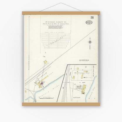 Old map wall art mockup — magnetic wood frame on white wall — Sanborn Fire Insurance Map from Merrill, Lincoln County, Wisconsin (1913), Sheet #0031