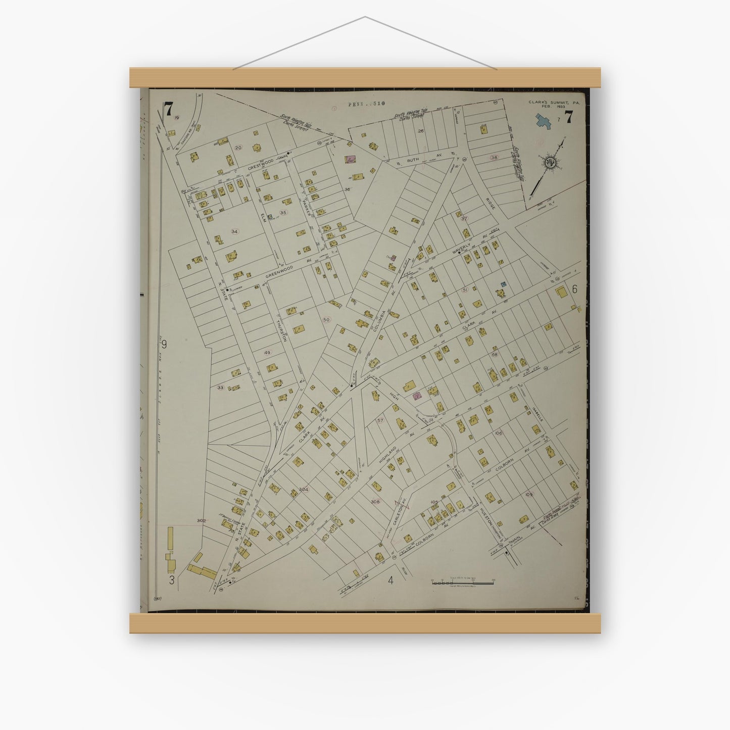 Old map wall art mockup — magnetic wood frame on white wall — Sanborn Fire Insurance Map from Clark's Summit, Lackawanna County, Pennsylvania (1942), Sheet #0007