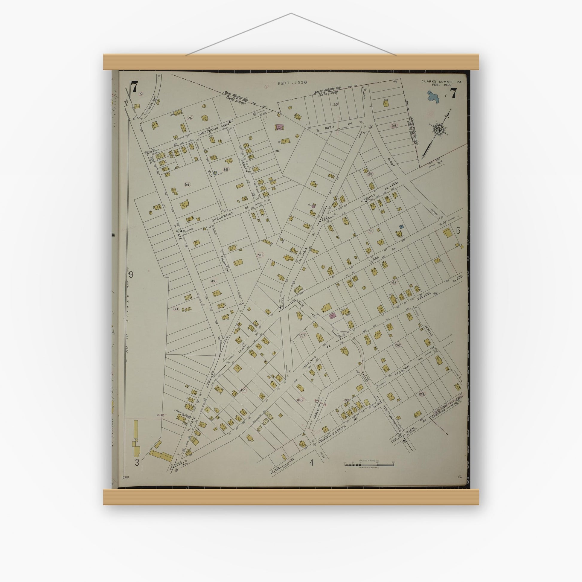 Old map wall art mockup — magnetic wood frame on white wall — Sanborn Fire Insurance Map from Clark's Summit, Lackawanna County, Pennsylvania (1942), Sheet #0007