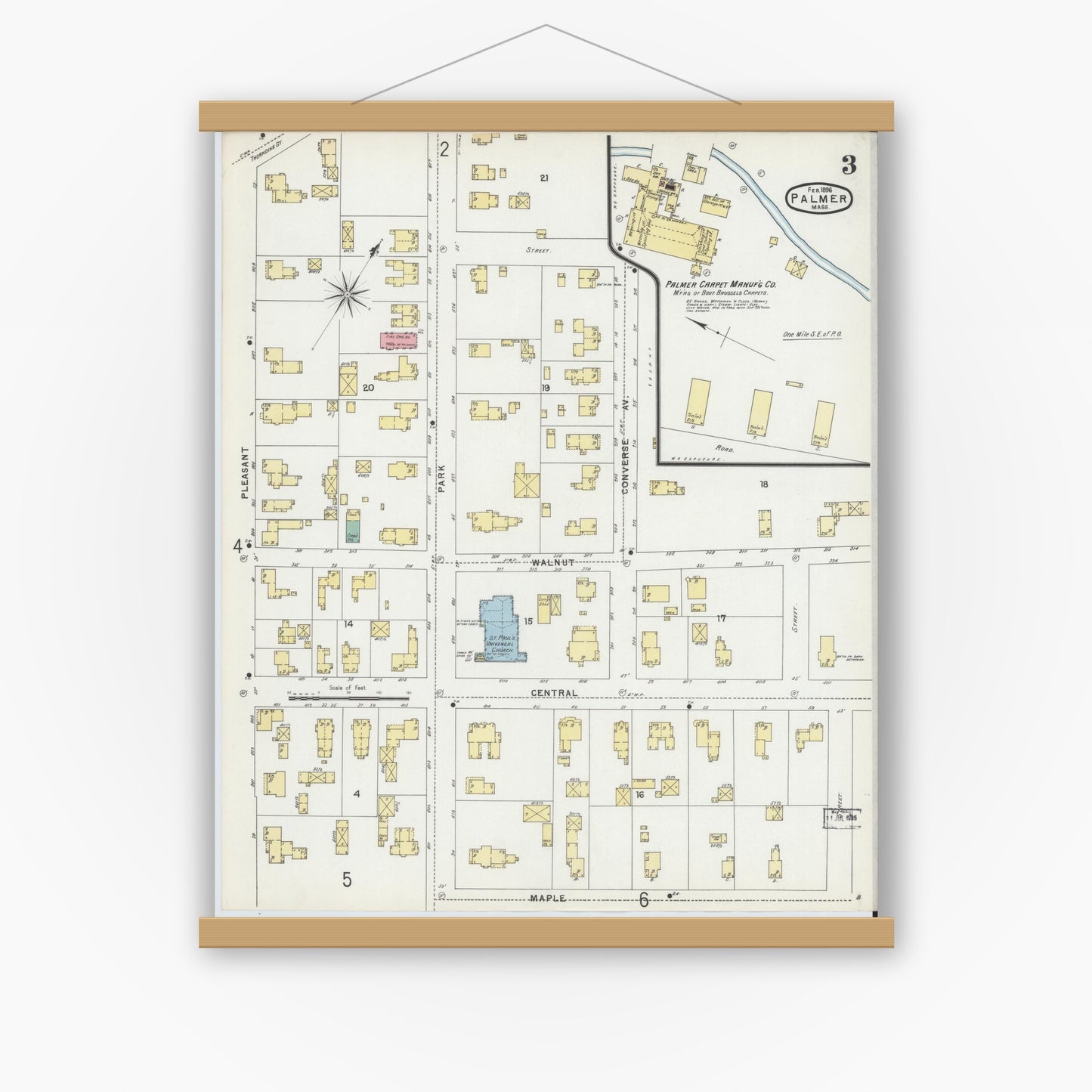 Old map wall art mockup — magnetic wood frame on white wall — Sanborn Fire Insurance Map from Palmer, Hampden County, Massachusetts (1896), Sheet #0003