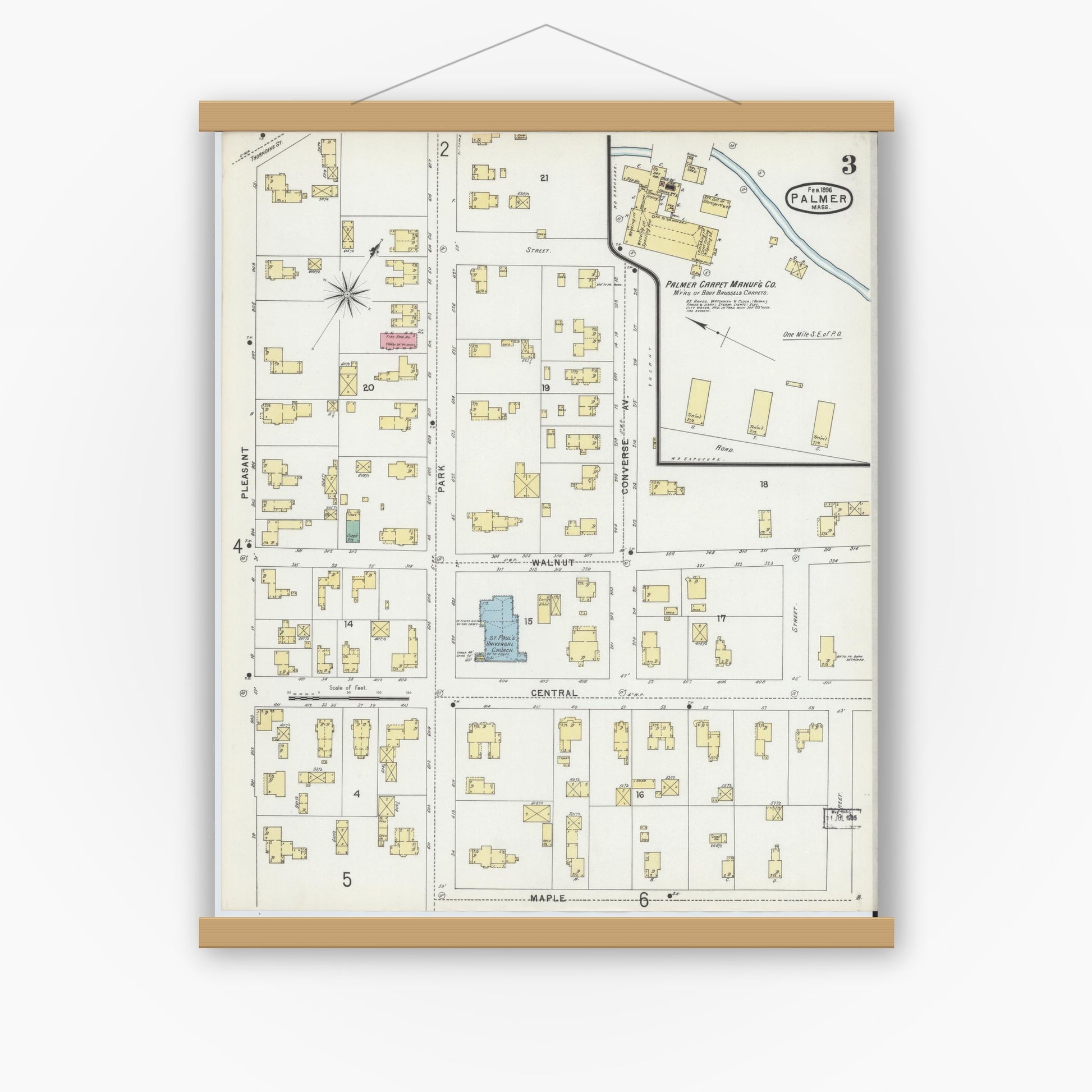 Old map wall art mockup — magnetic wood frame on white wall — Sanborn Fire Insurance Map from Palmer, Hampden County, Massachusetts (1896), Sheet #0003