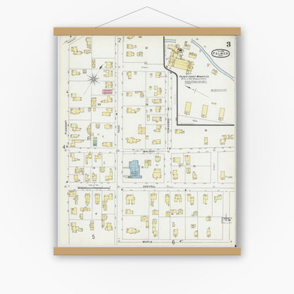 Old map wall art mockup — magnetic wood frame on white wall — Sanborn Fire Insurance Map from Palmer, Hampden County, Massachusetts (1896), Sheet #0003