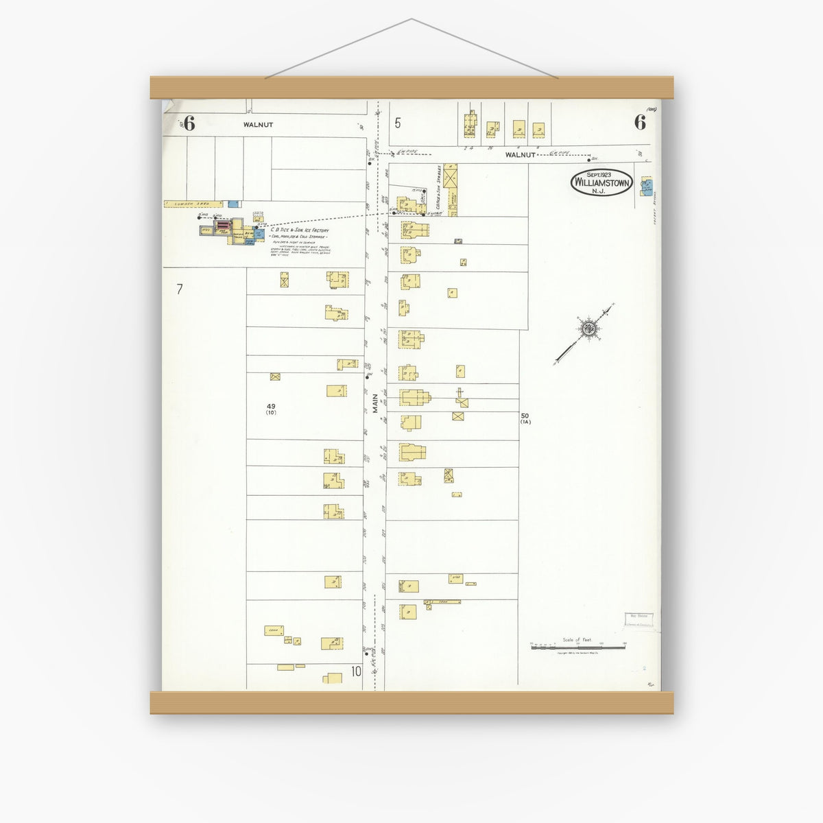 Old map wall art mockup — magnetic wood frame on white wall — Sanborn Fire Insurance Map from Williamstown, Gloucester County, New Jersey (1923), Sheet #0006