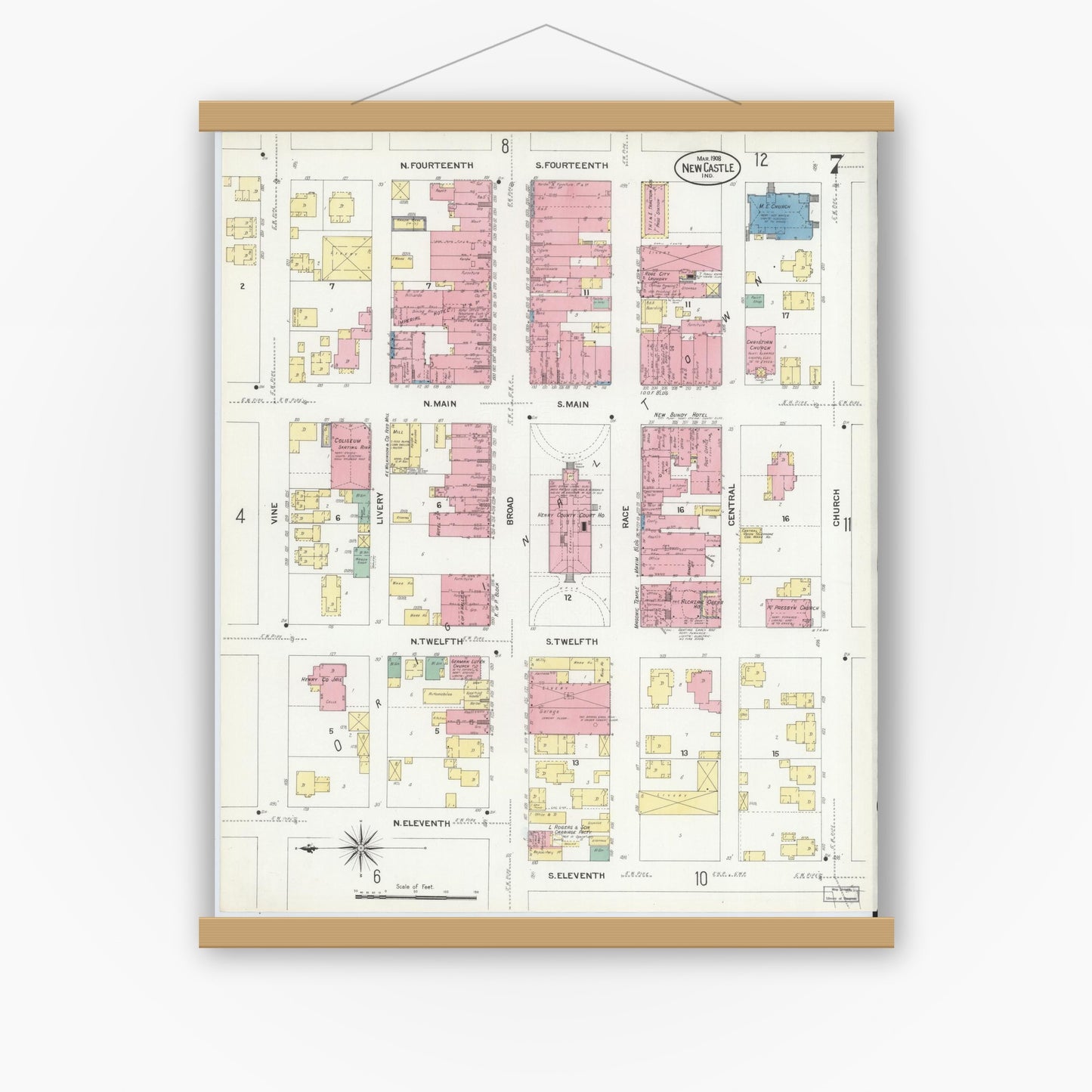 Old map wall art mockup — magnetic wood frame on white wall — Sanborn Fire Insurance Map from New Castle, Henry County, Indiana (1908), Sheet #0007