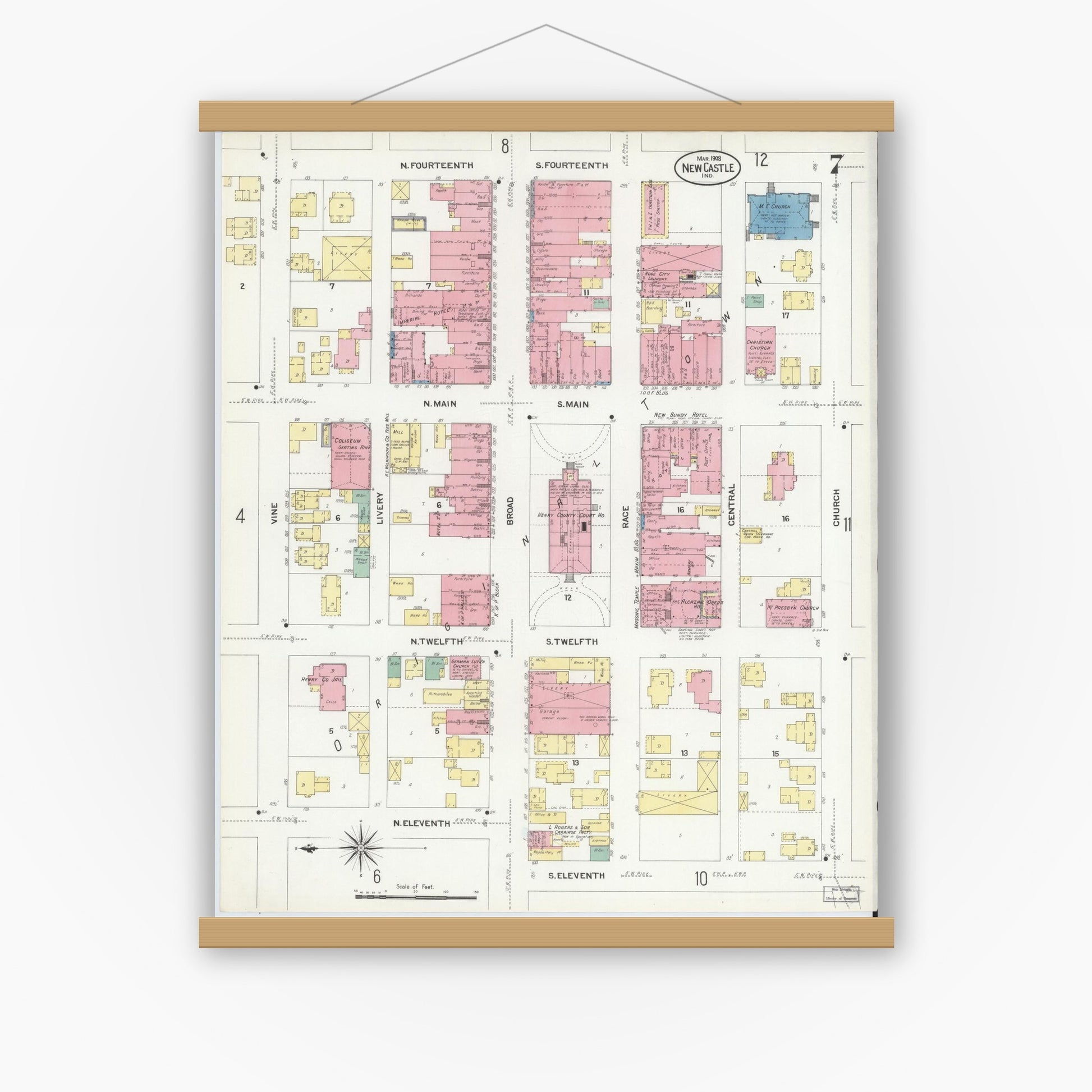 Old map wall art mockup — magnetic wood frame on white wall — Sanborn Fire Insurance Map from New Castle, Henry County, Indiana (1908), Sheet #0007