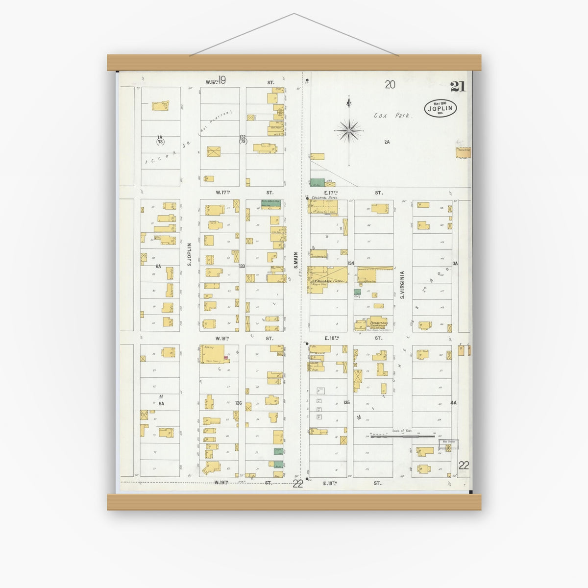 Old map wall art mockup — magnetic wood frame on white wall — Sanborn Fire Insurance Map from Joplin, Jasper County, Missouri (1900), Sheet #0021