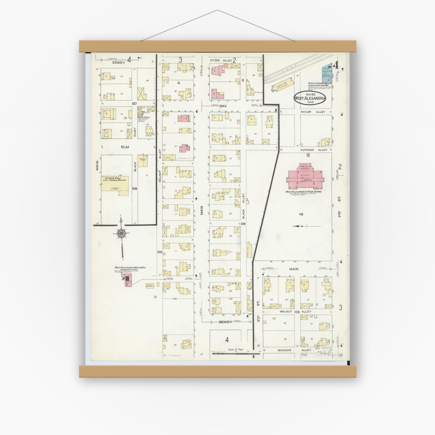 Old map wall art mockup — magnetic wood frame on white wall — Sanborn Fire Insurance Map from West Alexandria, Preble County, Ohio (1912), Sheet #0004