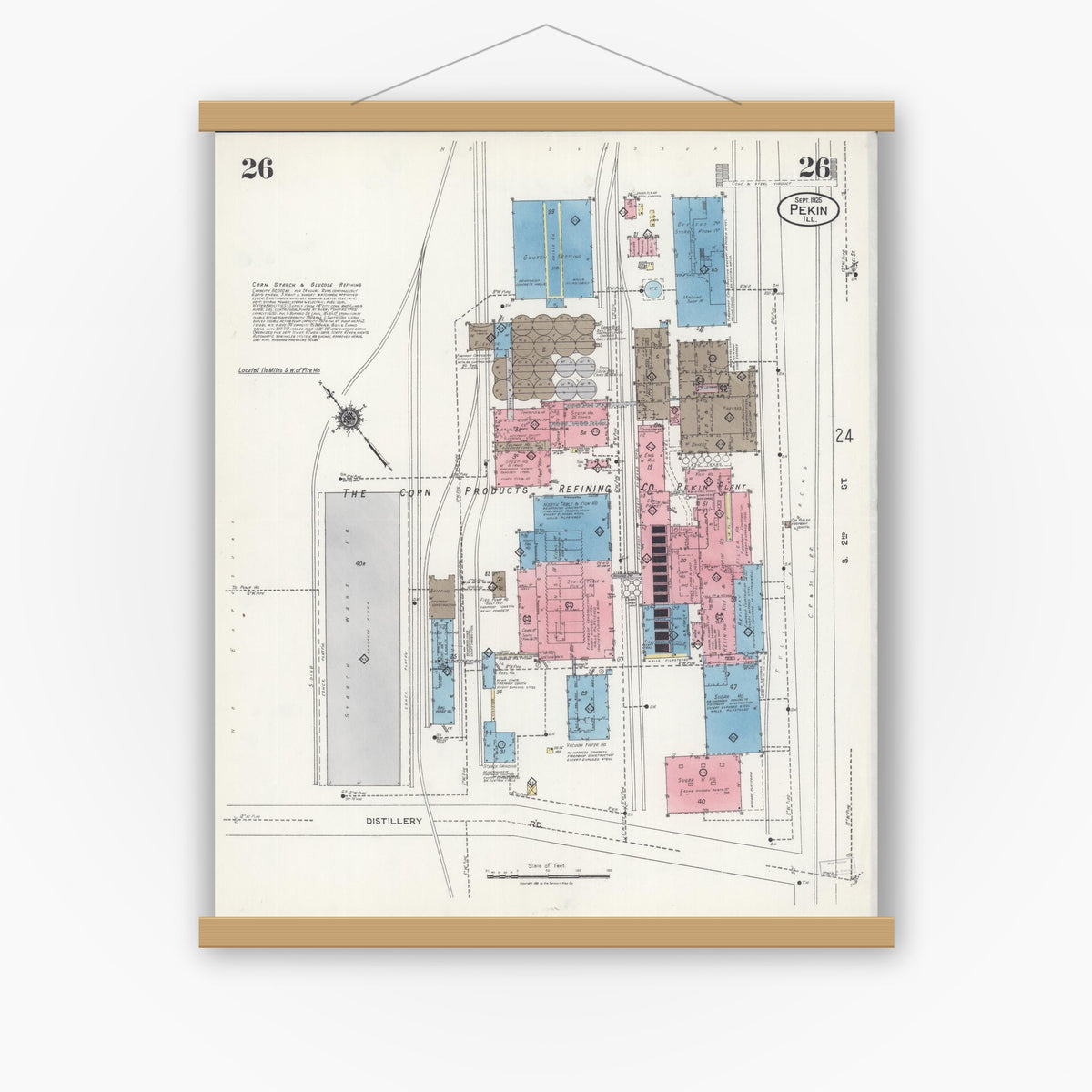 Old map wall art mockup — magnetic wood frame on white wall — Sanborn Fire Insurance Map from Pekin, Tazewell County, Illinois (1925), Sheet #0026