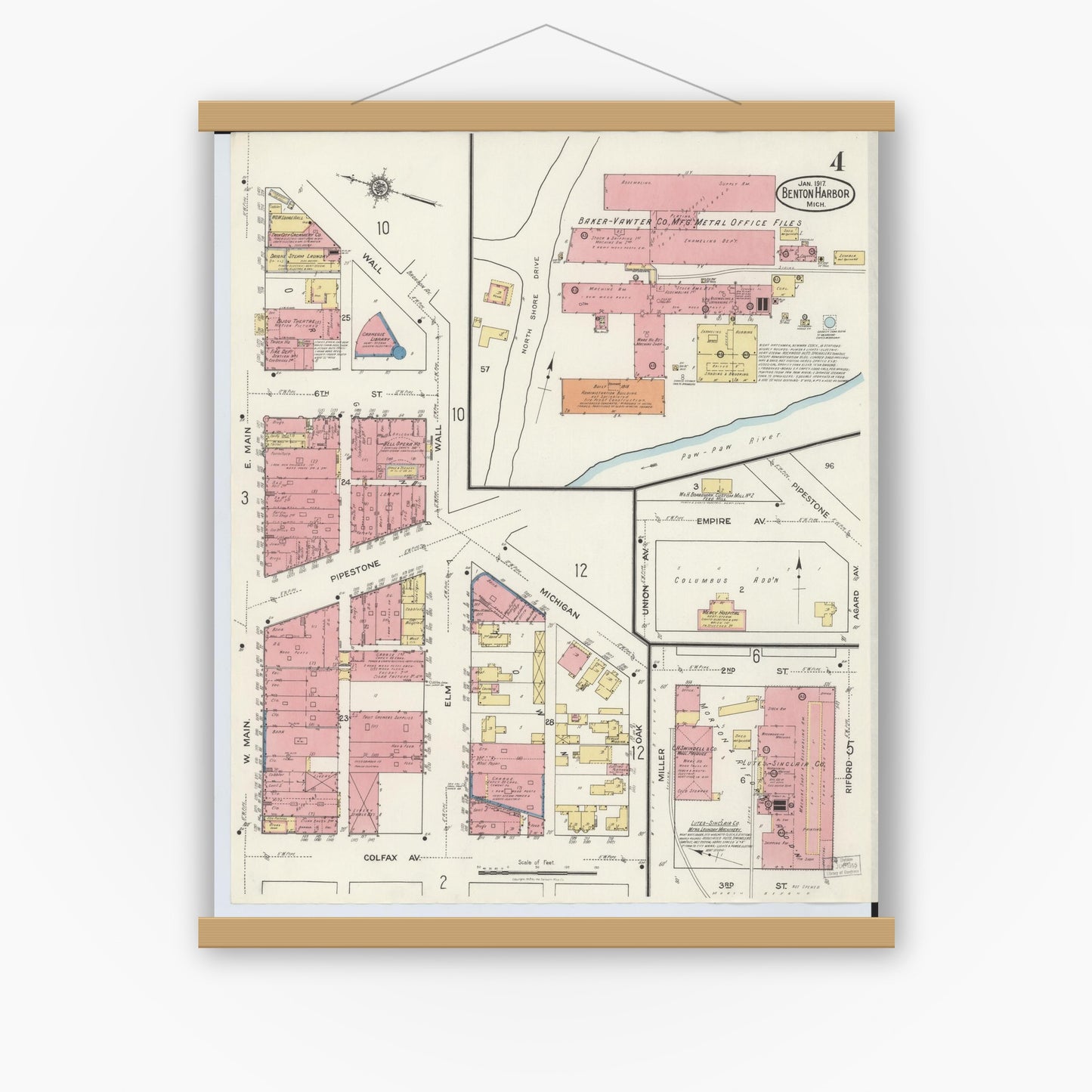 Old map wall art mockup — magnetic wood frame on white wall — Sanborn Fire Insurance Map from Benton Harbor, Berrien County, Michigan (1917), Sheet #0004