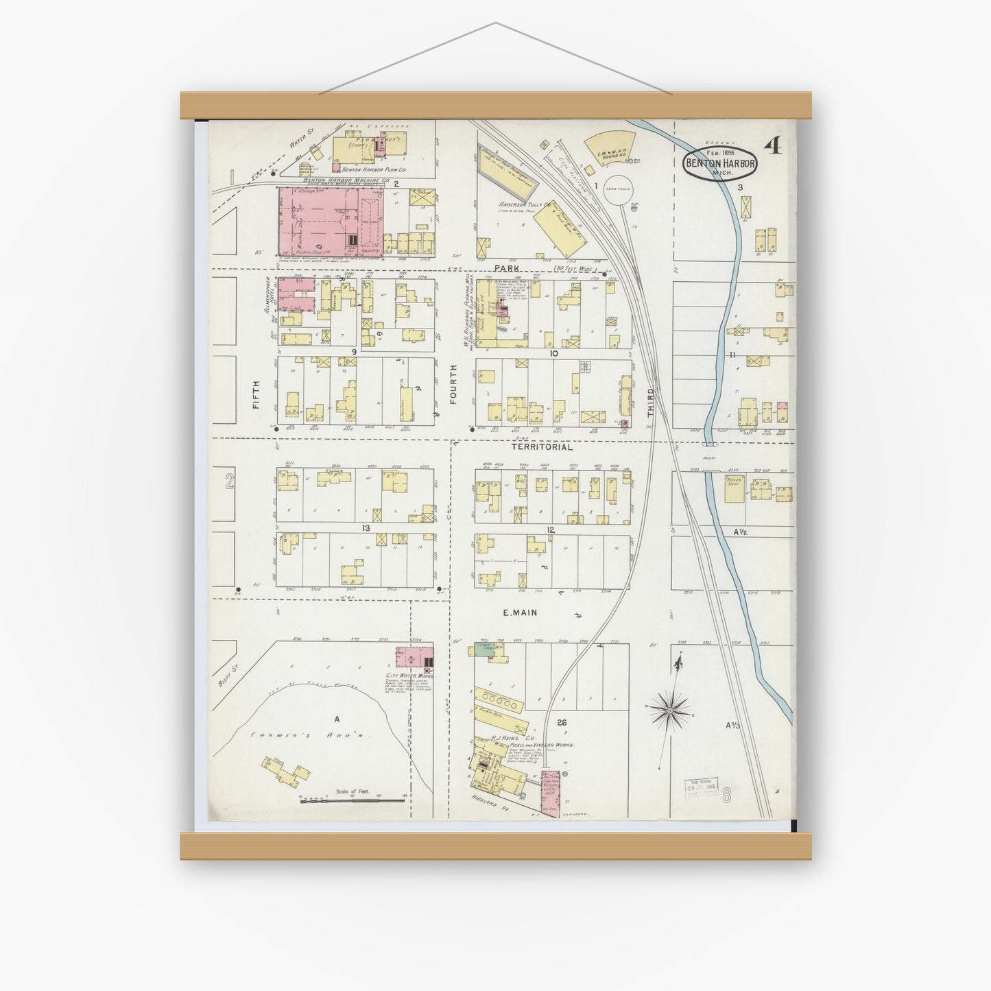 Old map wall art mockup — magnetic wood frame on white wall — Sanborn Fire Insurance Map from Benton Harbor, Berrien County, Michigan (1895), Sheet #0004