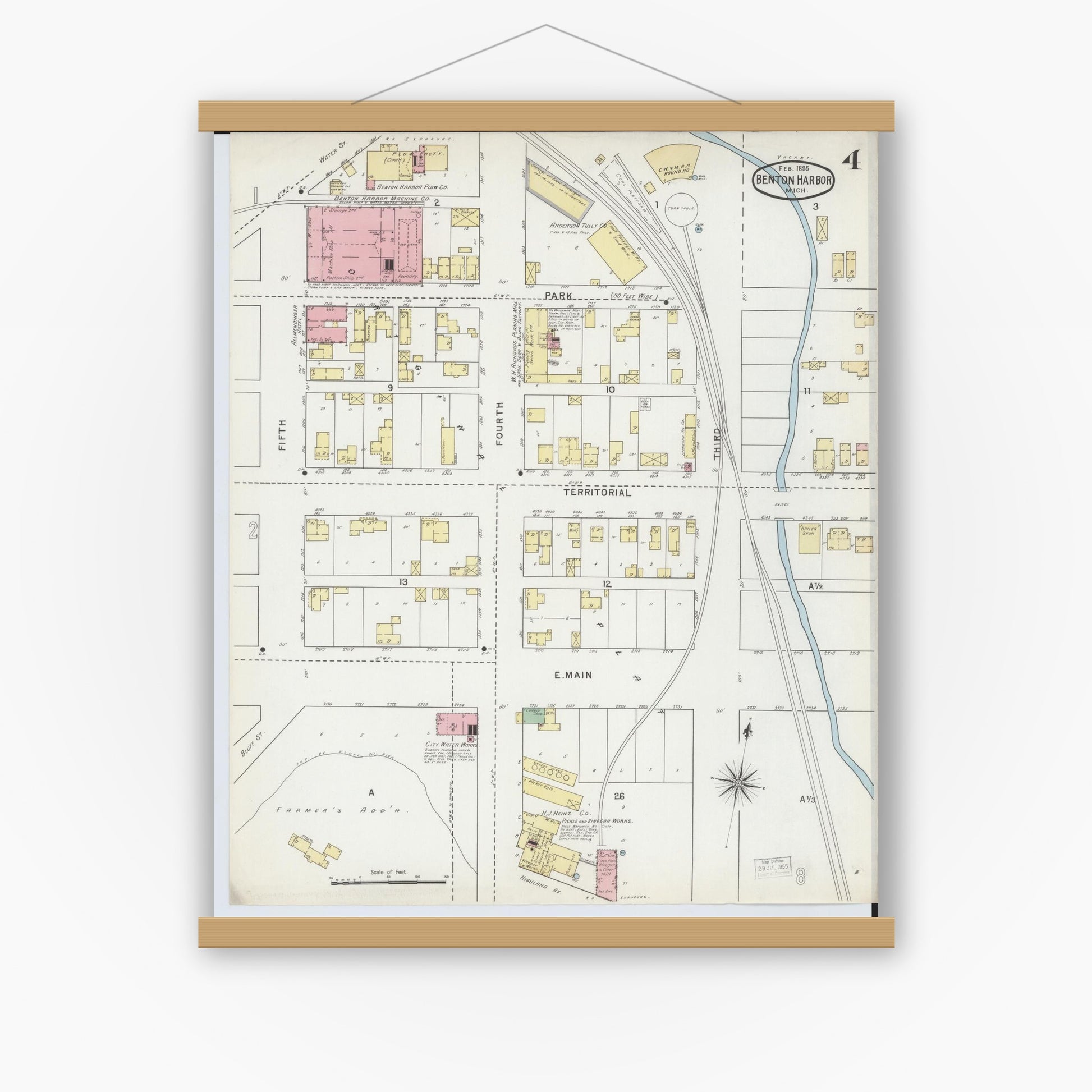 Old map wall art mockup — magnetic wood frame on white wall — Sanborn Fire Insurance Map from Benton Harbor, Berrien County, Michigan (1895), Sheet #0004