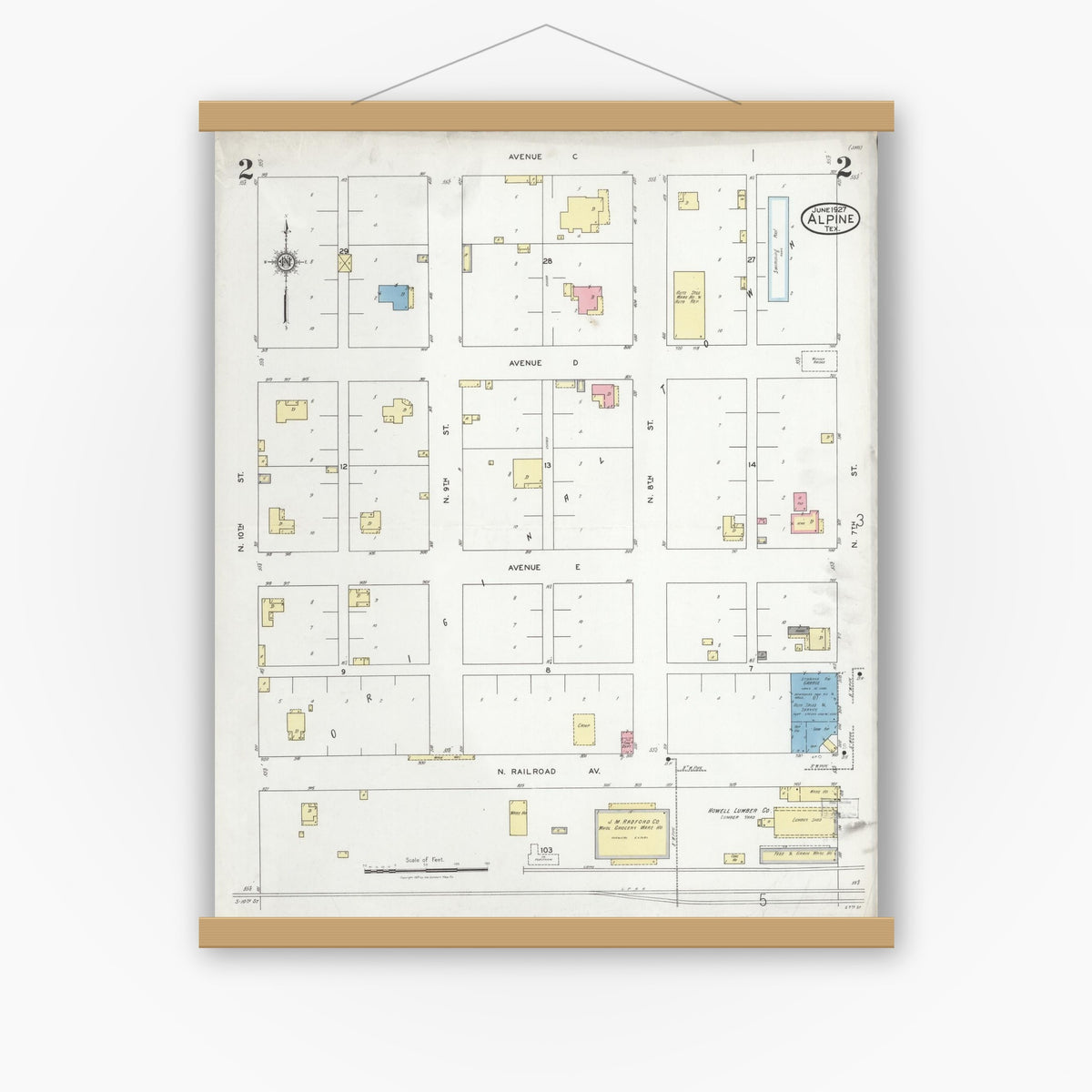 Old map wall art mockup — magnetic wood frame on white wall — Sanborn Fire Insurance Map from Alpine, Brewster County, Texas (1927), Sheet #0002
