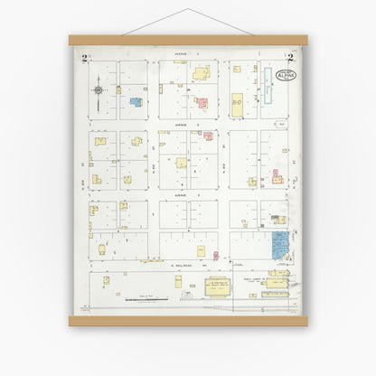 Old map wall art mockup — magnetic wood frame on white wall — Sanborn Fire Insurance Map from Alpine, Brewster County, Texas (1927), Sheet #0002
