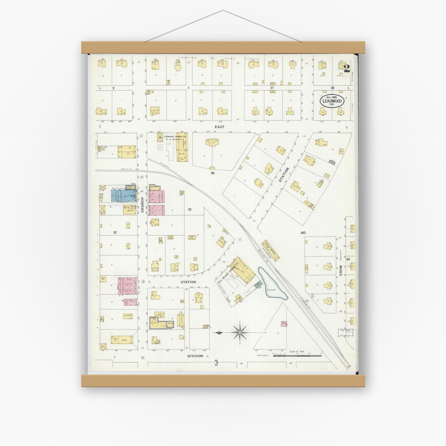 Old map wall art mockup — magnetic wood frame on white wall — Sanborn Fire Insurance Map from Leadwood, Saint Francois County, Missouri (1908), Sheet #0002