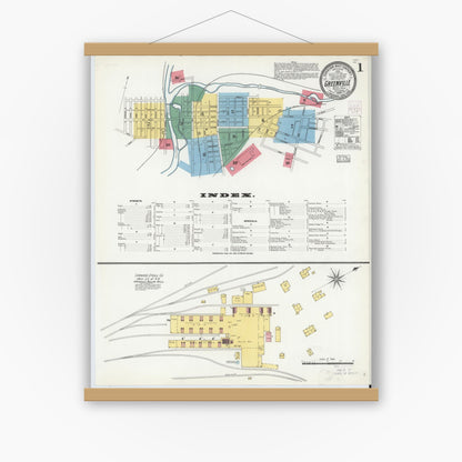 Old map wall art mockup — magnetic wood frame on white wall — Sanborn Fire Insurance Map from Greenville, Mercer County, Pennsylvania (1904), Sheet #0001