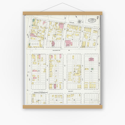 Old map wall art mockup — magnetic wood frame on white wall — Sanborn Fire Insurance Map from Cairo, Alexander County, Illinois (1896), Sheet #0007