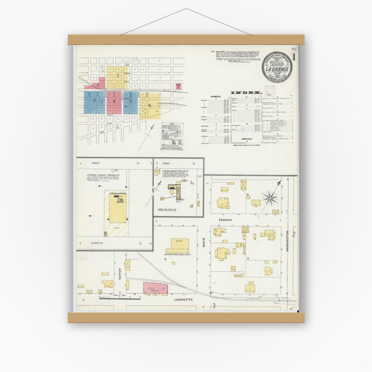Old map wall art mockup — magnetic wood frame on white wall — Sanborn Fire Insurance Map from La Grange, Fayette County, Texas (1906) - Complete Map Set