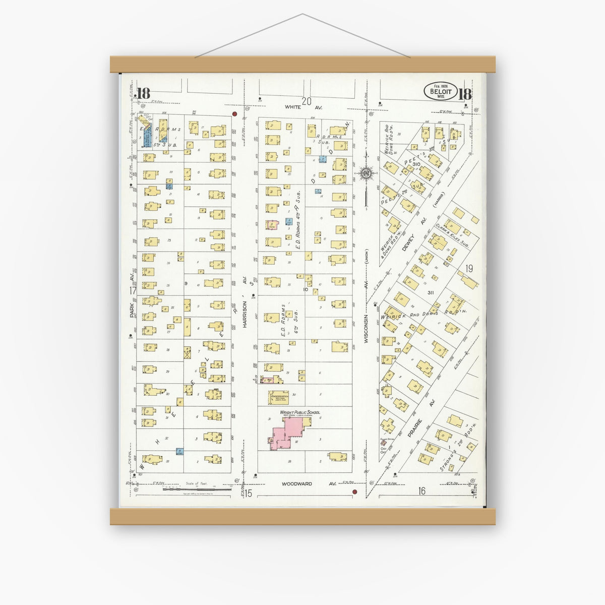 Old map wall art mockup — magnetic wood frame on white wall — Sanborn Fire Insurance Map from Beloit, Rock County, Wisconsin (1926), Sheet #0018