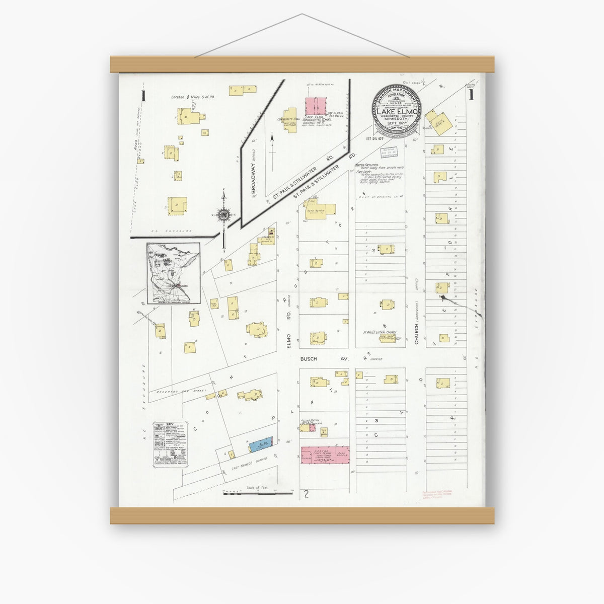 Old map wall art mockup — magnetic wood frame on white wall — Sanborn Fire Insurance Map from Lake Elmo, Washington County, Minnesota (1927), Sheet #0001
