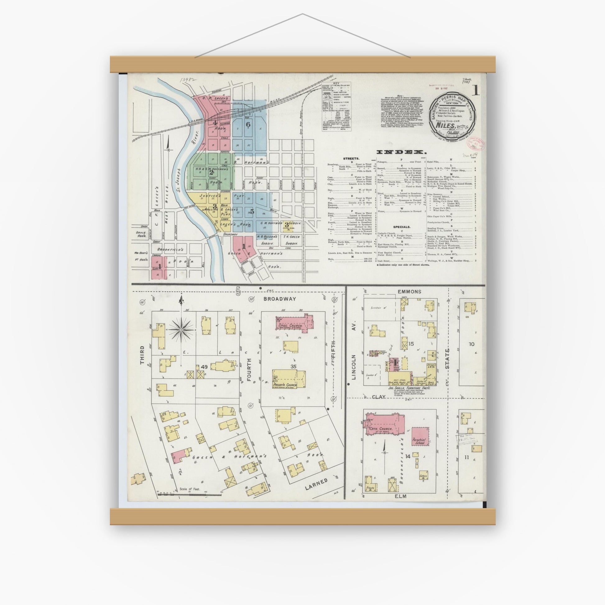 Old map wall art mockup — magnetic wood frame on white wall — Sanborn Fire Insurance Map from Niles, Berrien County, Michigan (1895) - Complete Map Set