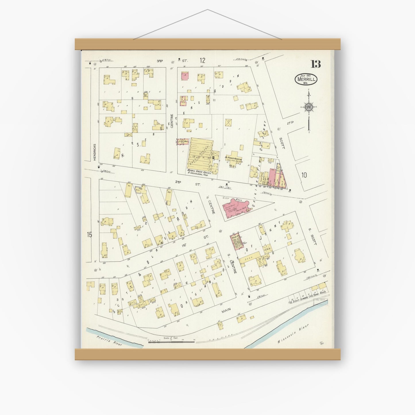 Old map wall art mockup — magnetic wood frame on white wall — Sanborn Fire Insurance Map from Merrill, Lincoln County, Wisconsin (1913), Sheet #0013
