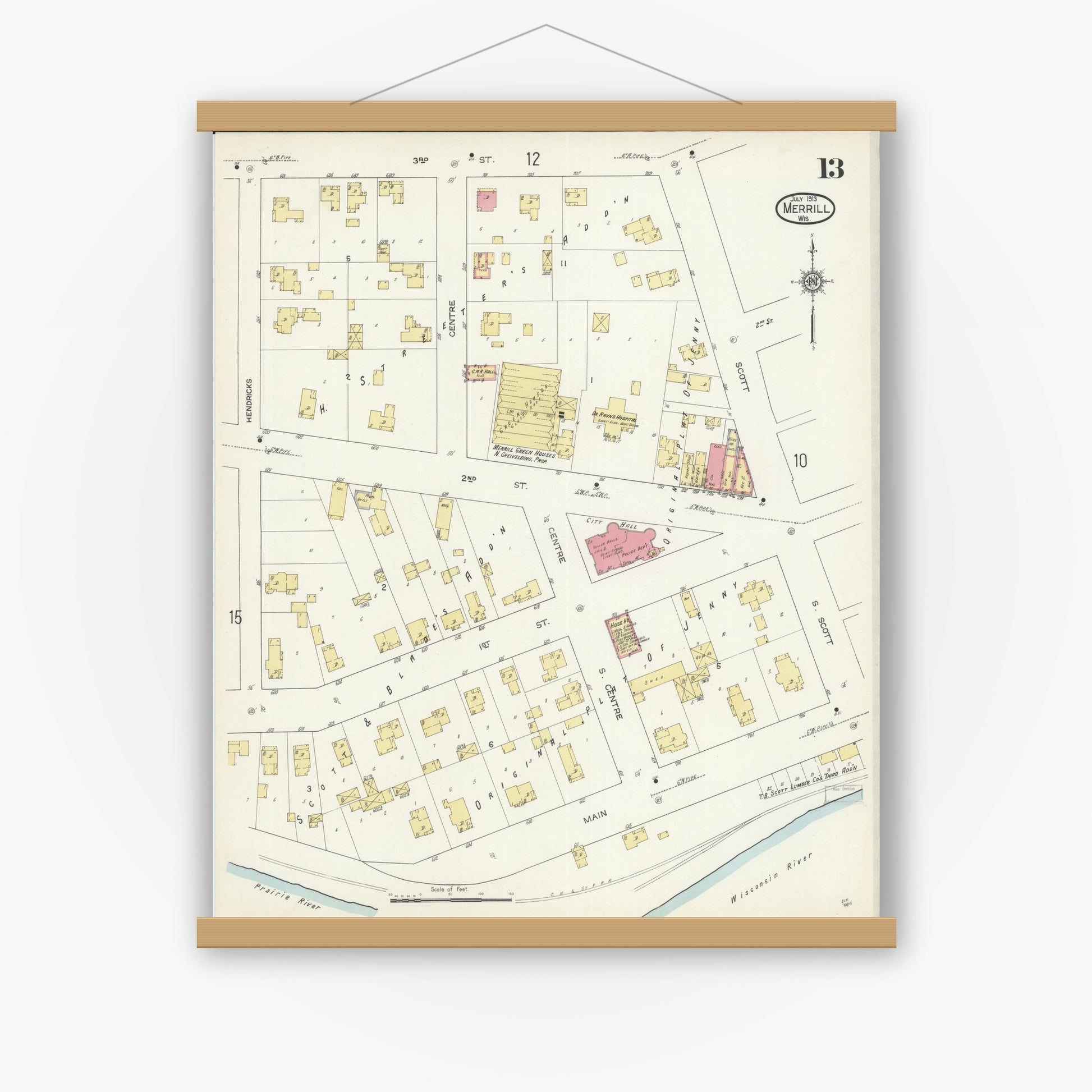 Old map wall art mockup — magnetic wood frame on white wall — Sanborn Fire Insurance Map from Merrill, Lincoln County, Wisconsin (1913), Sheet #0013