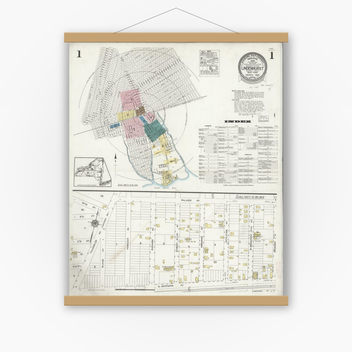 Old map wall art mockup — magnetic wood frame on white wall — Sanborn Fire Insurance Map from Lindenhurst, Suffolk County, New York (1925) - Complete Map Set