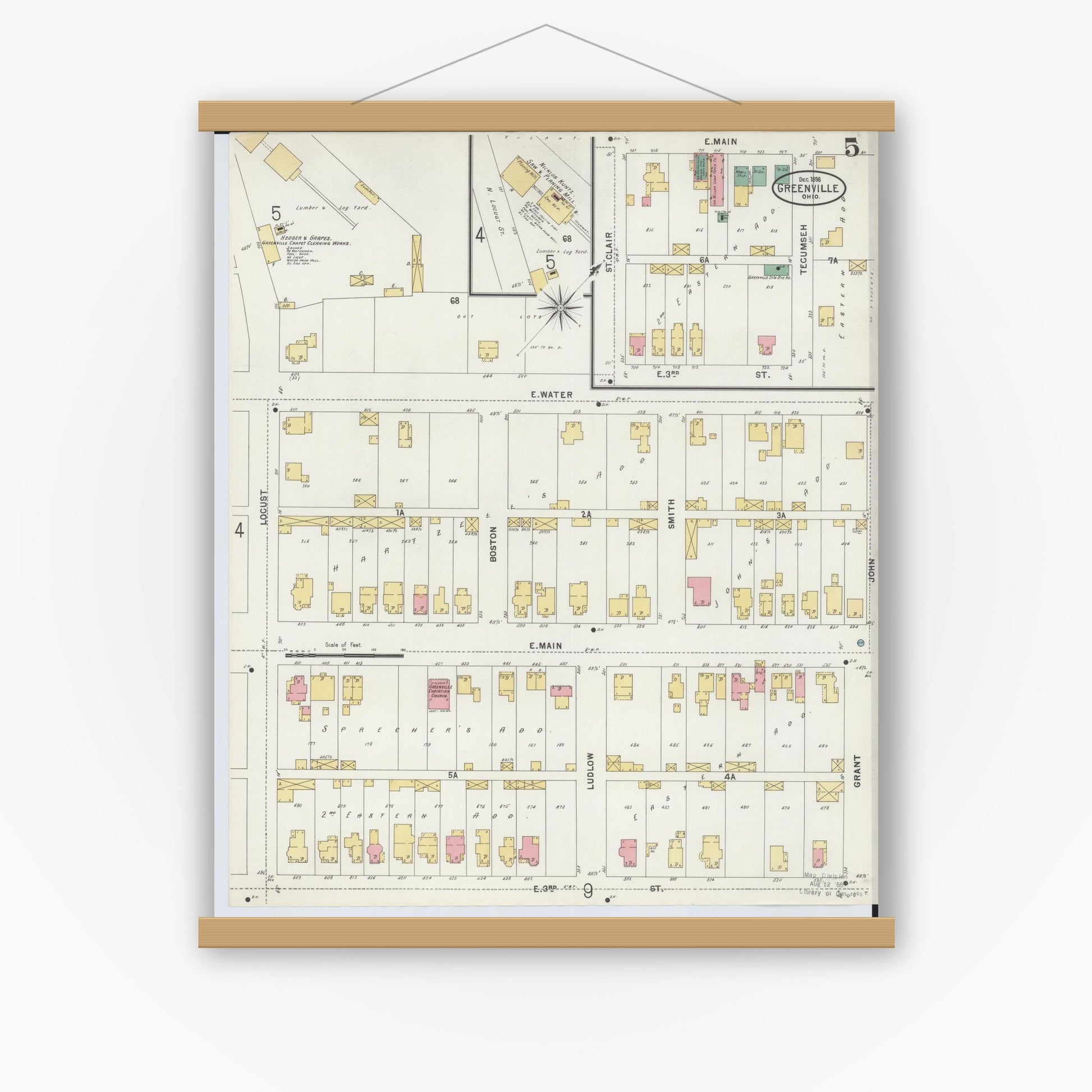 Old map wall art mockup — magnetic wood frame on white wall — Sanborn Fire Insurance Map from Greenville, Darke County, Ohio (1898), Sheet #0005