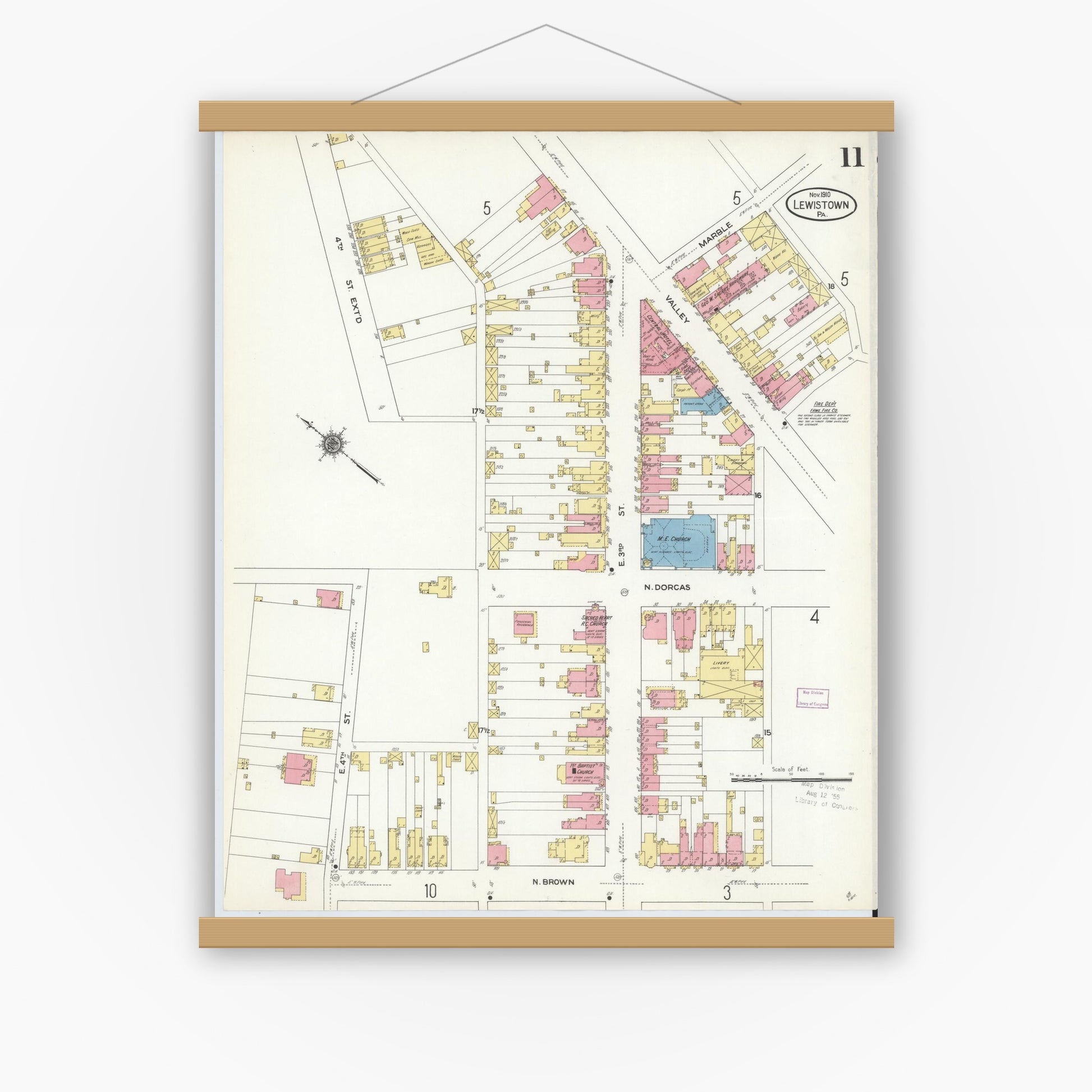 Old map wall art mockup — magnetic wood frame on white wall — Sanborn Fire Insurance Map from Lewistown, Mifflin County, Pennsylvania (1910), Sheet #0011