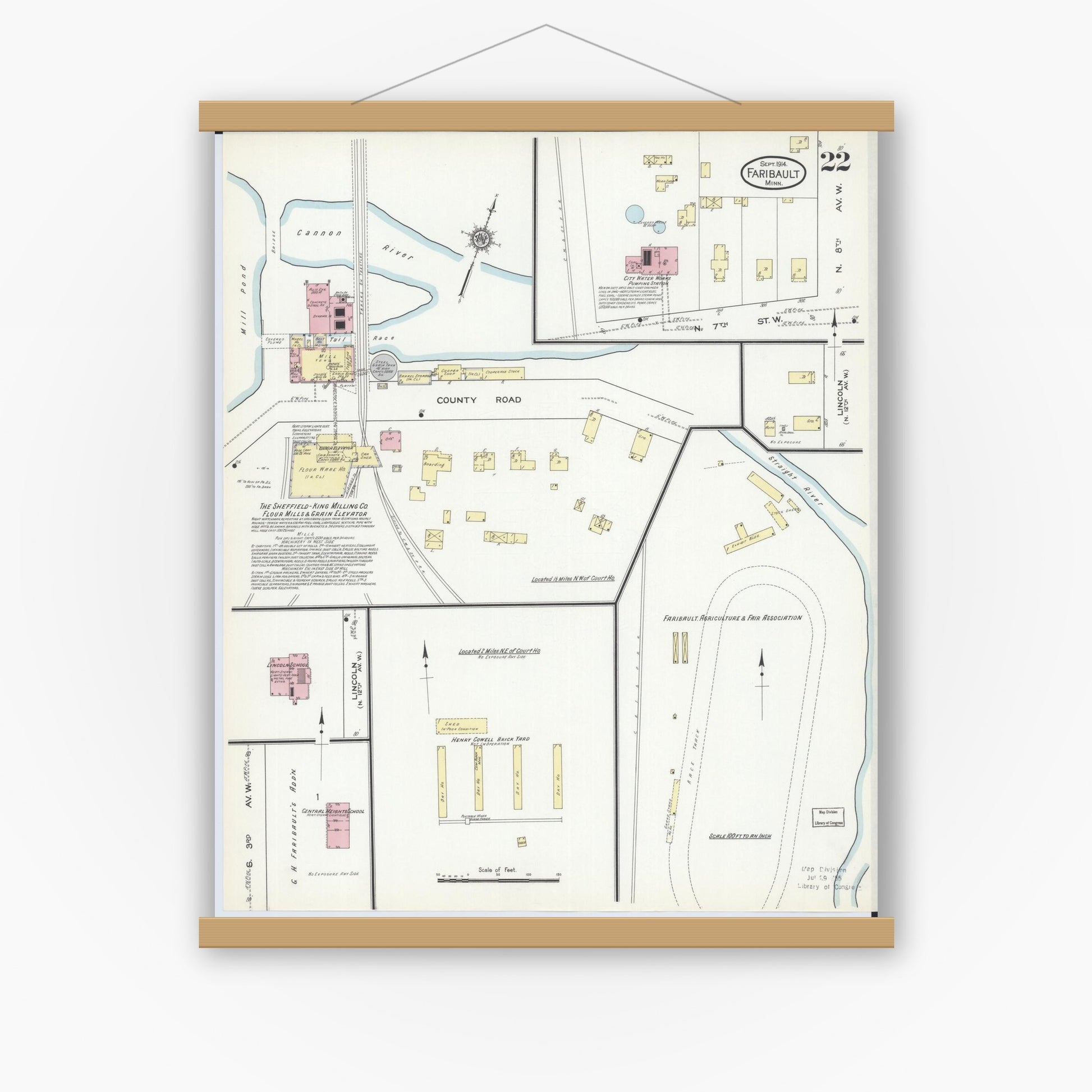 Old map wall art mockup — magnetic wood frame on white wall — Sanborn Fire Insurance Map from Faribault, Rice County, Minnesota (1914), Sheet #0022