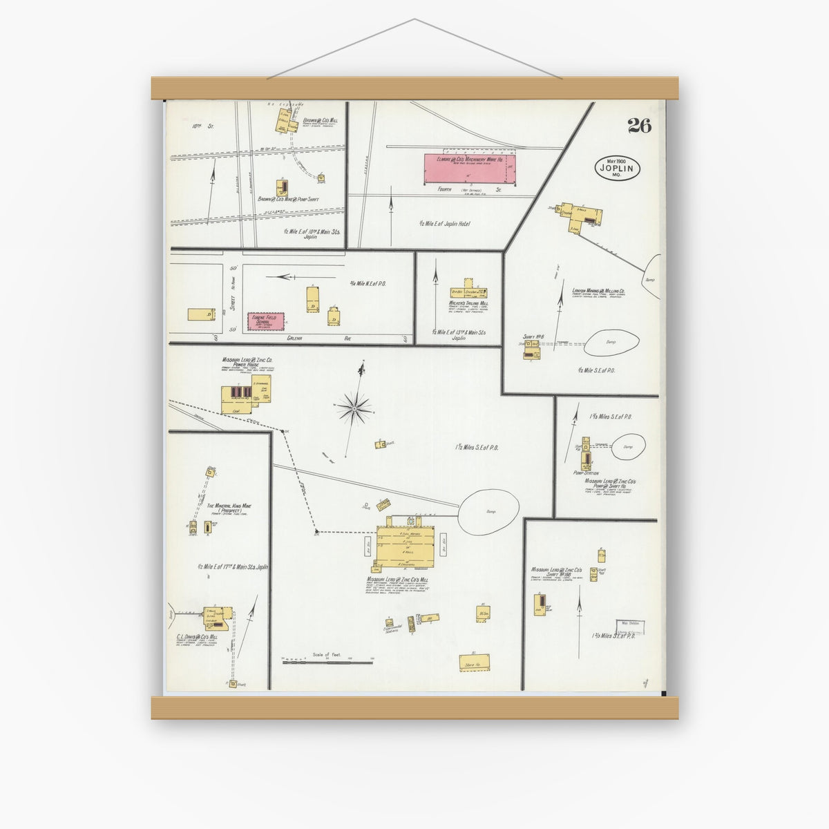 Old map wall art mockup — magnetic wood frame on white wall — Sanborn Fire Insurance Map from Joplin, Jasper County, Missouri (1900), Sheet #0026