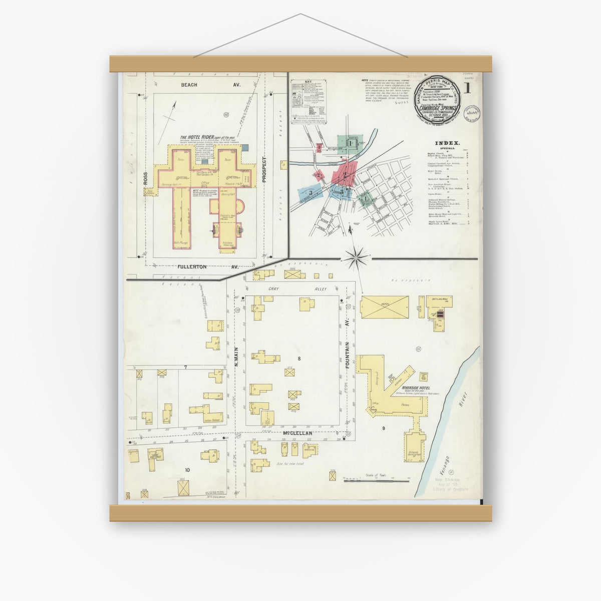 Old map wall art mockup — magnetic wood frame on white wall — Sanborn Fire Insurance Map from Cambridge Springs, Crawford County, Pennsylvania (1899) - Complete Map Set