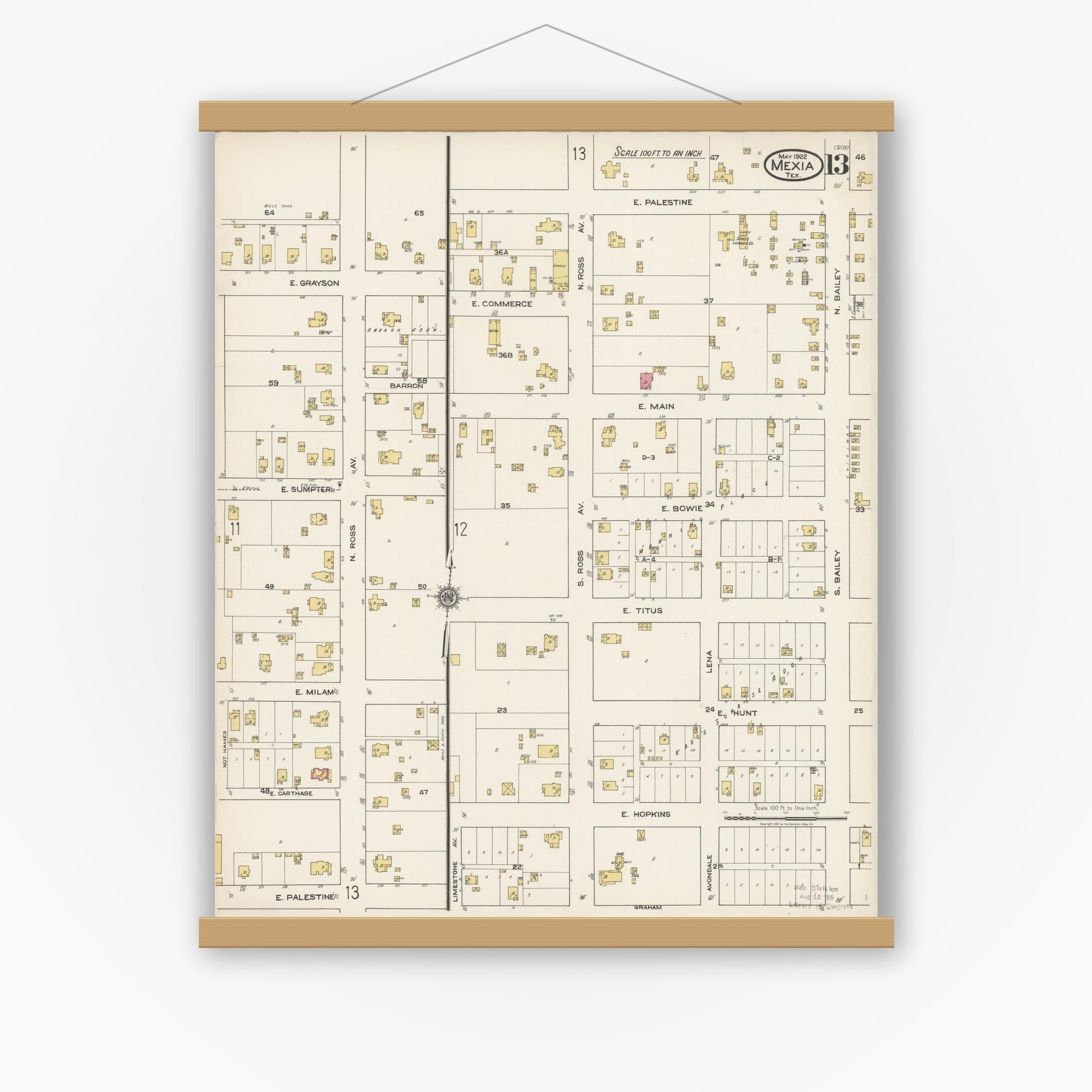 Old map wall art mockup — magnetic wood frame on white wall — Sanborn Fire Insurance Map from Mexia, Limestone County, Texas (1922), Sheet #0013
